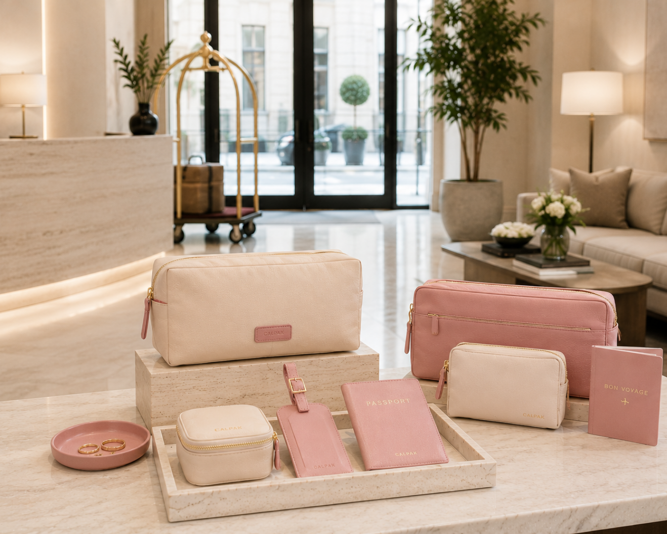 Travel and lifestyle accessories displayed in the lobby.