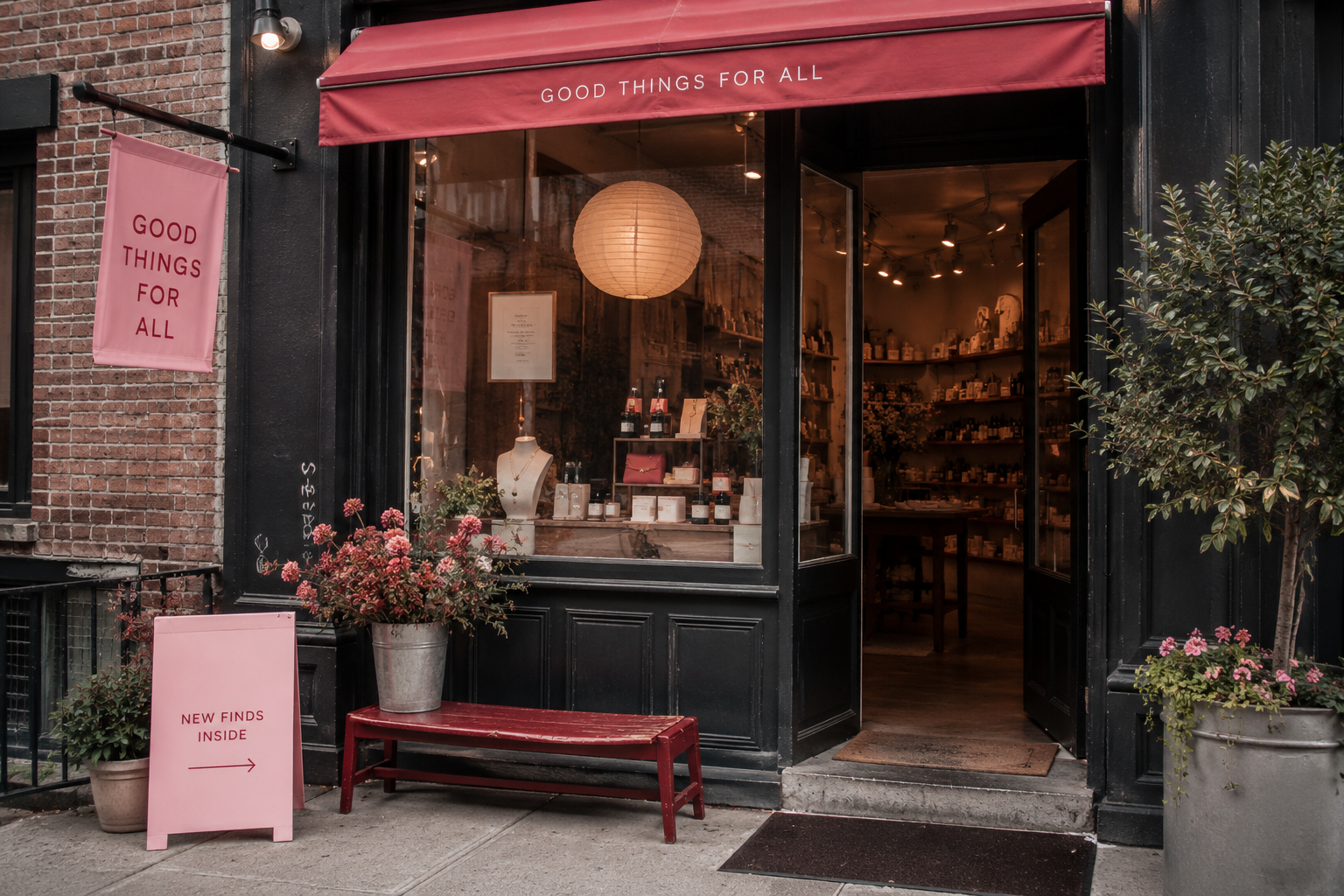 Curated boutique storefront with red awning