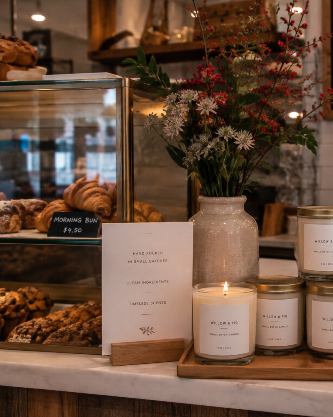 A small candle display near checkout.